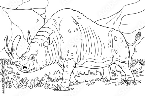 Prehistoric animal -  Megacerops. Drawing with extinct animals. Template for coloring book. photo