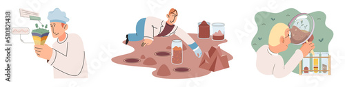 Soil analysis and earth pollution metaphor or structure control. Nutrients microorganism composition research ground layer structure sample. Soil laboratory test. Scientist measuring levels status
