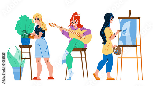 hobby female vector. artist happy craft, paint and workshop, creative girl, handicraft learning hobby female character. people flat cartoon illustration