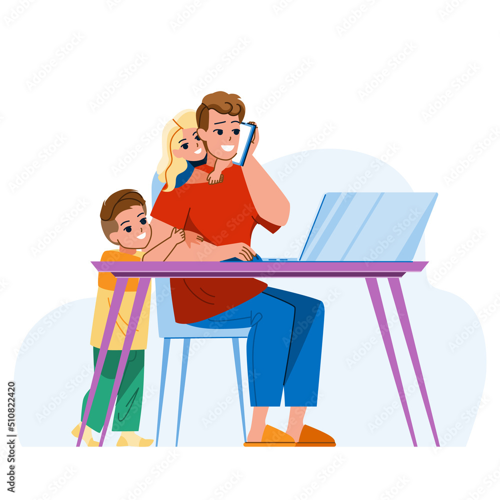 home work stress father vector. family office, dadd man and child, busy parent, computer laptop haos, quarantine home work stress father character. people flat cartoon illustration home work stress father vector. family office, dadd man and child, busy parent, computer laptop haos, quarantine home work stress father character. people flat cartoon illustration