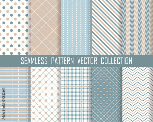 Set of seamless patterns, blue white brown patterns collection