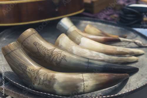 Georgian traditional horns for wine called Kantsi on local street market, Tbilisi, Georgia. High quality photo photo