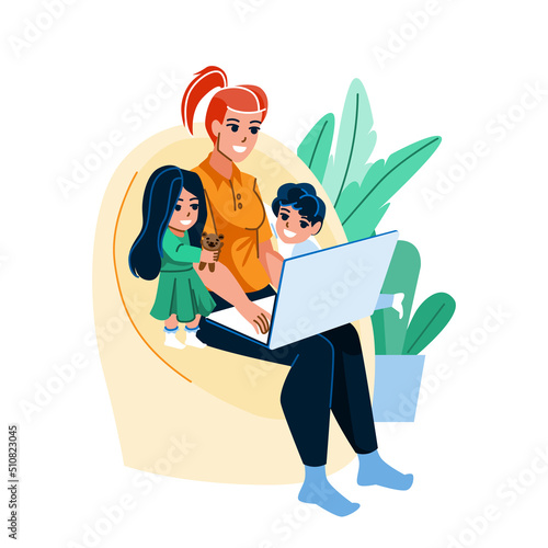 home work stress mother vector. family child, parent computer, laptop mom office, busy tired quarantine home work stress mother character. people flat cartoon illustration