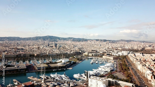 Huge cruise ship in the Bay.Stock. Top view of a huge city with a yacht port. A beautiful country to travel © Media Whale Stock