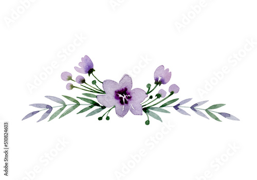 Lilac flowers, buds and leaves, bouquet for greeting card, invitation, poster, wedding decoration. Watercolor illustration isolated on white background.