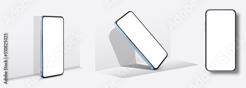 Mobile phone on wall background for displaying or advertising the product. Realistic 3D mobile phone in rotated position, frameless blank mobile phone modern device template. Vector illustration
