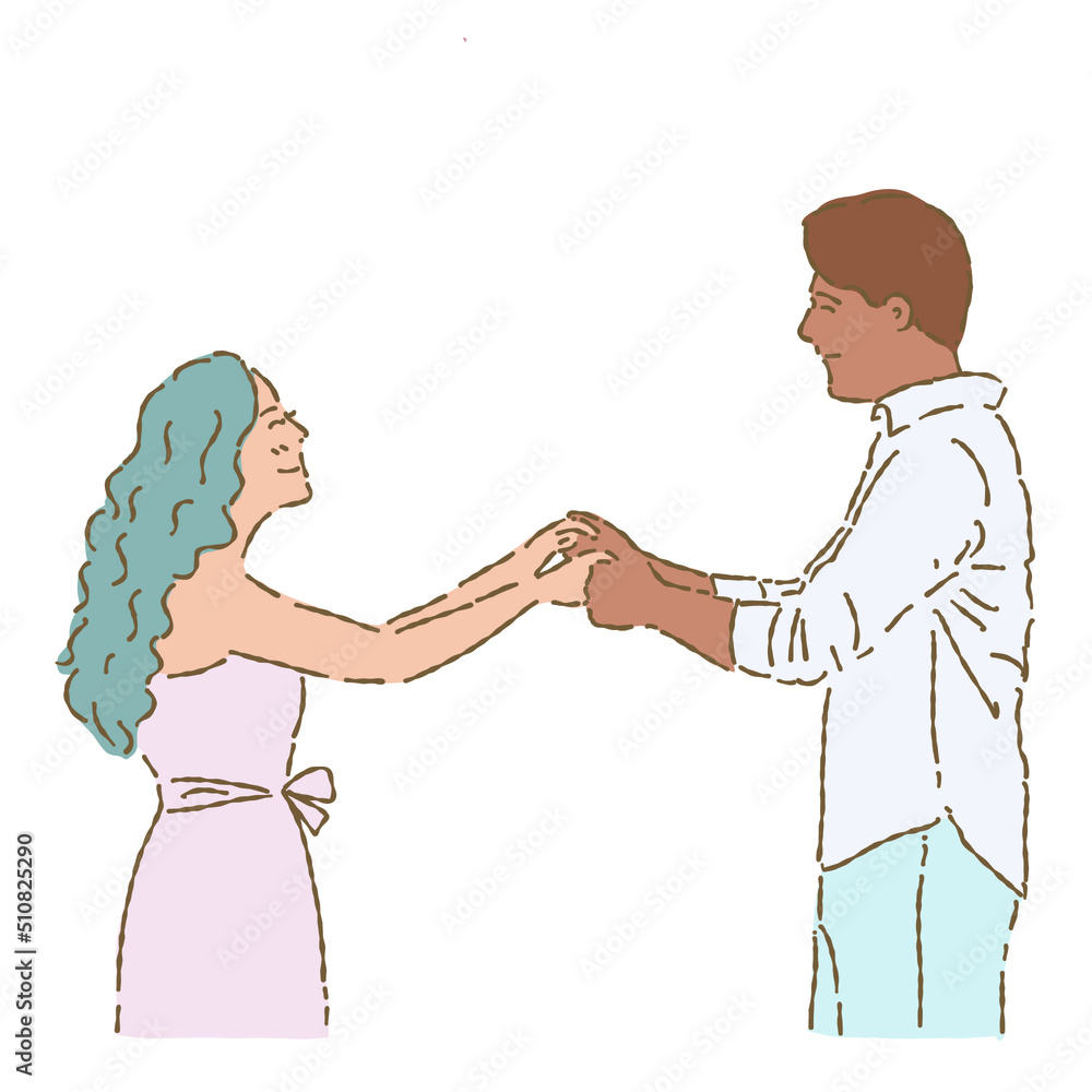 Hand drawn flat vector illustration of couple cartoon characters smiling, looking at each other and holding hands isolated on white background. Hand drawn flat vector illustration of couple cartoon characters smiling, looking at each other and holding hands isolated on white background.