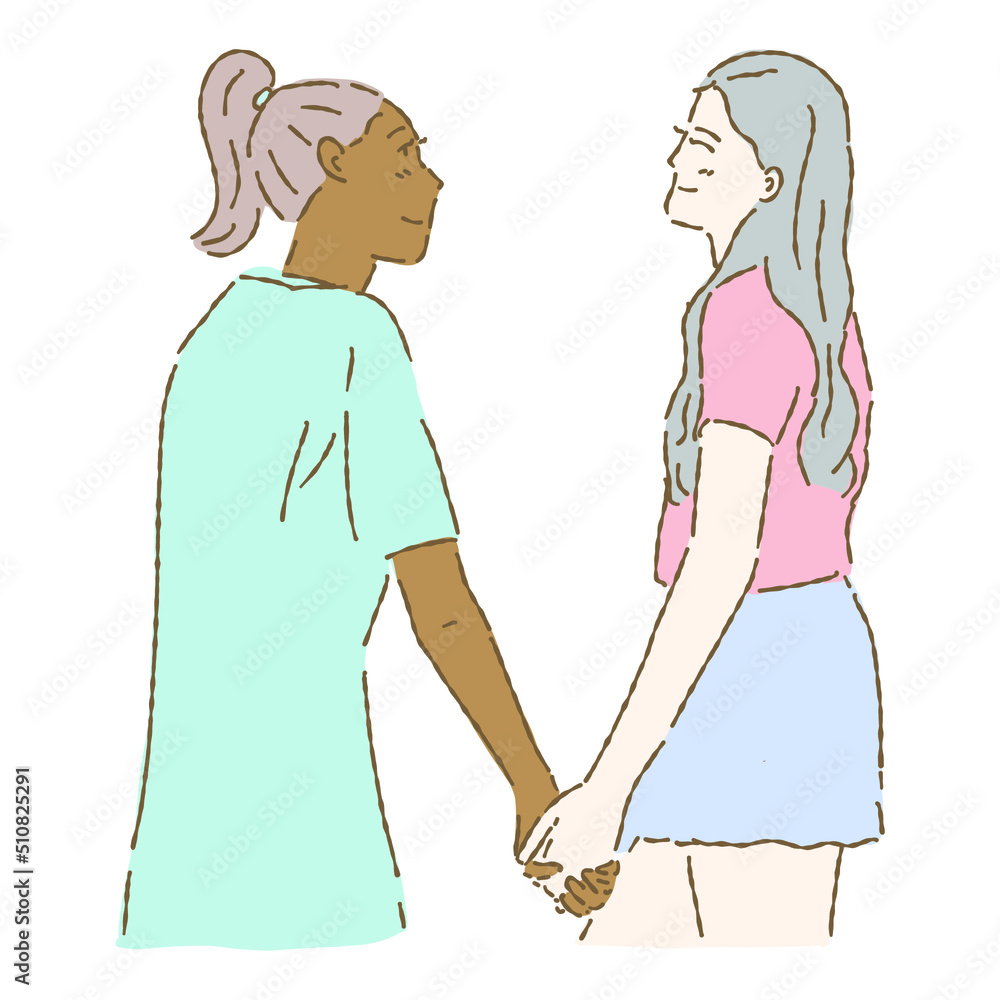 Hand drawn flat vector illustration of lesbian couple cartoon characters smiling, looking at each other and holding hands isolated on white background. 