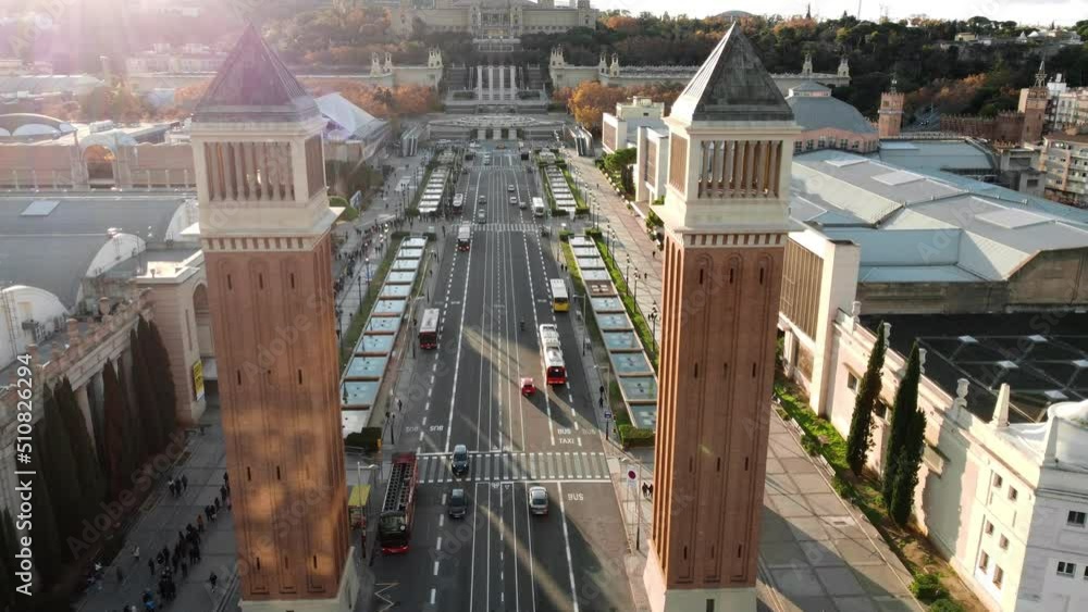 Aerial view of Venetian Towers and road traffic in sunny Barcelona, Spain Aerial view of Venetian Towers and road traffic in sunny Barcelona, Spain
