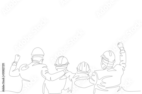 One line drawing of young happy male and female building builder groups wearing helmet. Great team work concept. Trendy continuous line draw design graphic vector illustration