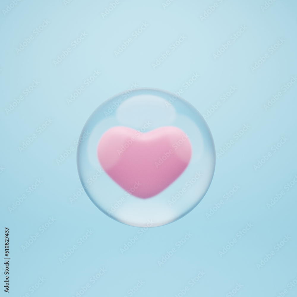 Pink heart in glass bubble against light blue background, 3d render Pink heart in glass bubble against light blue background, 3d render