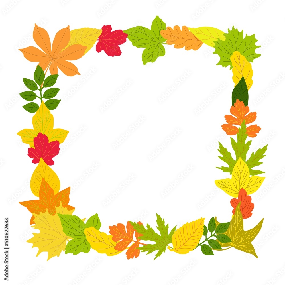 Autumn leaves rectangular frame simple vector minimalist concept flat style illustration, multicolored natural floral arrangement for invitations, greeting cards, booklet, autumn holiday decor