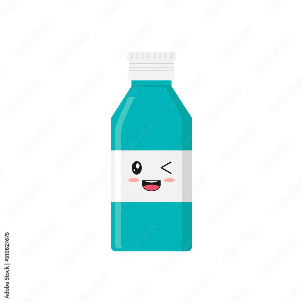 A cute character with a smile in the form of liquid medicine, syrup. Throat medicine, antipyretic on a white background. A cute character with a smile in the form of liquid medicine, syrup. Throat medicine, antipyretic on a white background.