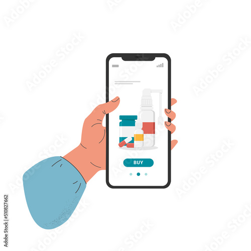 A cartoon flat human hand holding a smartphone using a mobile app for online shopping for medicines, online pharmacy isolated on a white background.