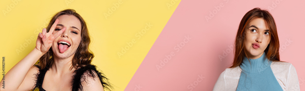 Two beautiful cheerful girls having fun, grimace isolated on pink and yellow background. Concept of funny meme emotions, facial expression. Collage Two beautiful cheerful girls having fun, grimace isolated on pink and yellow background. Concept of funny meme emotions, facial expression. Collage