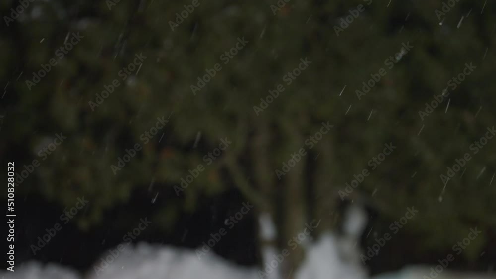 Big snowflakes shine and reflect in light, snow falling down in slow motion, snowfall and wind on winter night, green trees and snowdrifts in blurry background. Big snowflakes shine and reflect in light, snow falling down in slow motion, snowfall and wind on winter night, green trees and snowdrifts in blurry background.