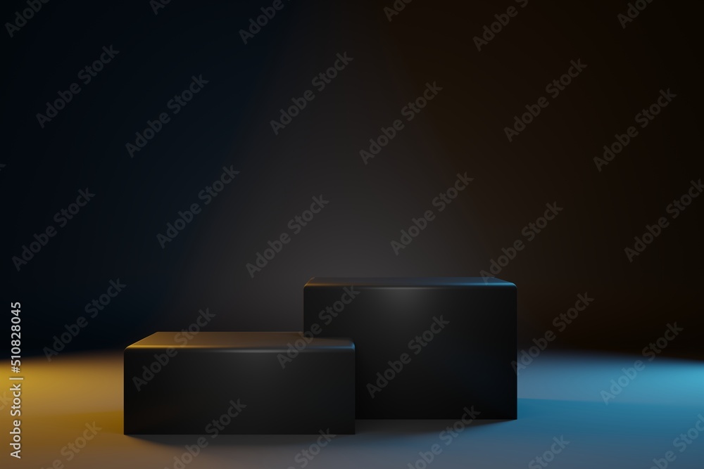 Two black cubes pedestal for product showcase. Blach background, teal and orange light for cosmetics brand design and advertising. 3D-rendering