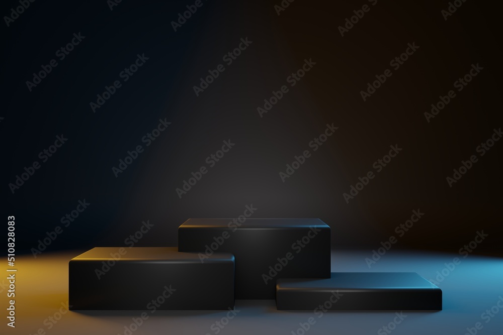 Three black cubes pedestal for product showcase. Blach background, teal and orange light for cosmetics brand design and advertising. 3D-rendering