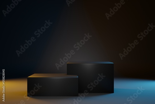 Obraz na płótnie Two black cubes pedestal for product showcase. Blach background, teal and orange light for cosmetics brand design and advertising. 3D-rendering w salonie