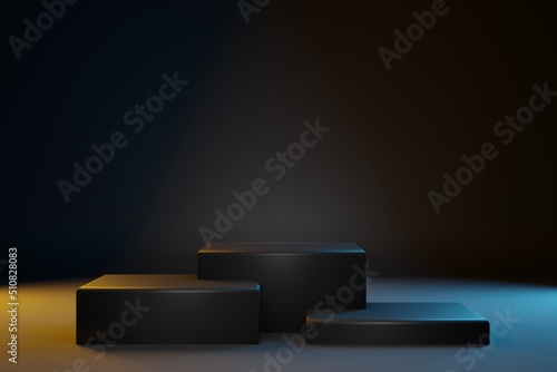 Three black cubes pedestal for product showcase. Blach background, teal and orange light for cosmetics brand design and advertising. 3D-rendering photo