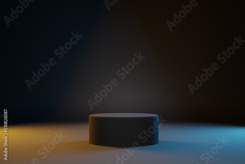 Obraz na płótnie Black cylinder pedestal for product showcase. Blach background, teal and orange light for cosmetics brand design and advertising. 3D-rendering w salonie