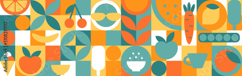 Food - set of geometric shapes, circles and squares drawn in flat cartoon vector. Fruits and vegetables in the modern trendy style of the 70s - apple, orange, lemon, cherry and peas.