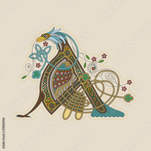 Illuminated, Medieval Initial Letter A combining animal body parts from an Eagle, tendrils and endless Celtic knot ornaments