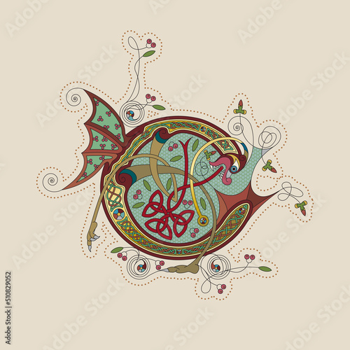 Illuminated, Medieval Initial Letter C combining animal body parts from a Dog, a Butterfly and a fish, tendrils and endless Celtic knot ornaments