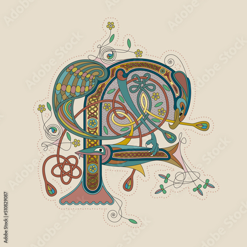 Illuminated, Medieval Initial Letter F combining animal body parts from an Eagle and a Fish, tendrils and endless Celtic knot ornaments