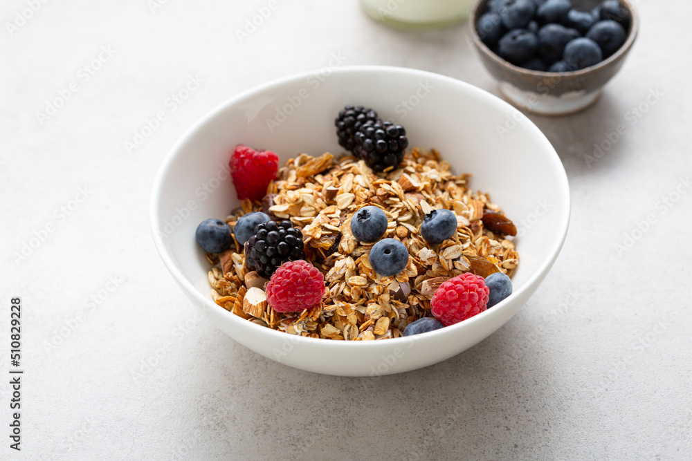 Close up of granola and berry for breakfast food Close up of granola and berry for breakfast food