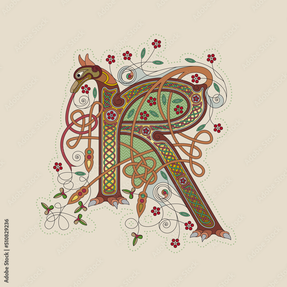 Illuminated, Medieval Initial Letter R combining animal body parts from ...