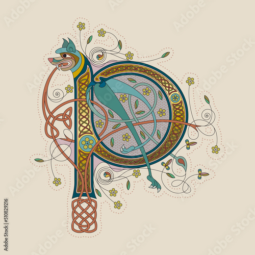 Illuminated, Medieval Initial Letter P combining animal body parts from a Dog, tendrils and endless Celtic knot ornaments