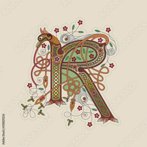 Illuminated, Medieval Initial Letter R combining animal body parts from a Jackal, tendrils and endless Celtic knot ornaments