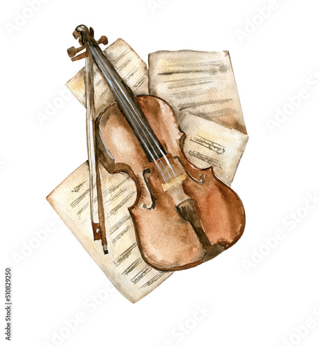 The old violin lies on the sheet music
