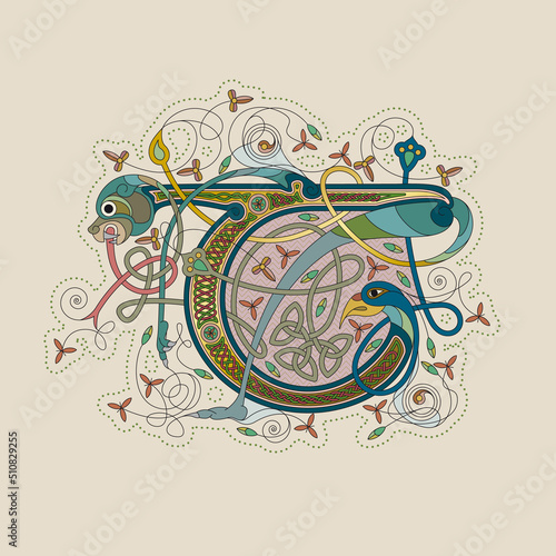 Illuminated, Medieval Initial Letter T combining animal body parts from a Dog, tendrils and endless Celtic knot ornaments