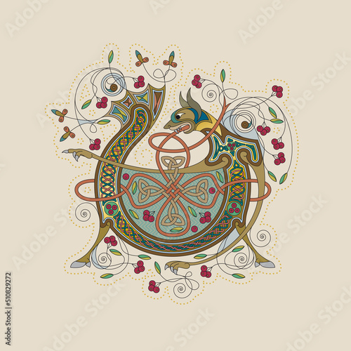 Illuminated, Medieval Initial Letter V combining animal body parts from a Dog and a Fish, tendrils and endless Celtic knot ornaments