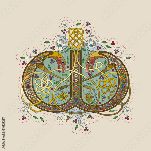 Illuminated, Medieval Initial Letter W combining animal body parts from Dogs, tendrils and endless Celtic knot ornaments