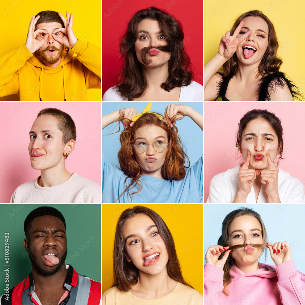 Set with portraits of different multiethnic models on multicolored background. Concept of emotions, facial expression, sales, ad. Collage, poster, flyer Set with portraits of different multiethnic models on multicolored background. Concept of emotions, facial expression, sales, ad. Collage, poster, flyer