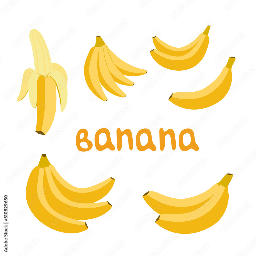 Banana set. Bunch of bananas, peeled banana. Flat, vector