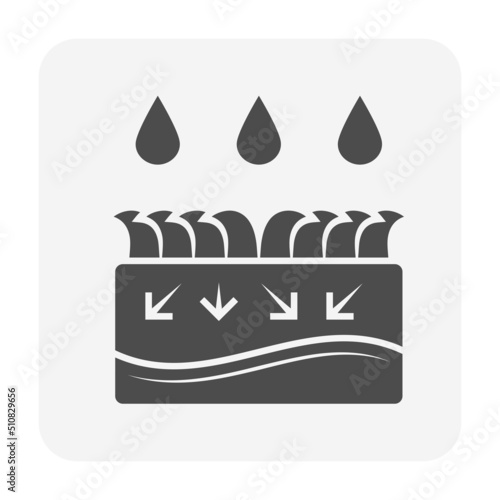Stormwater and infiltration in lawn or drainage basin vector icon. Include cross section of soil, grass, rain, rainwater, groundwater to detention, retention and percolation into soil at underground.
