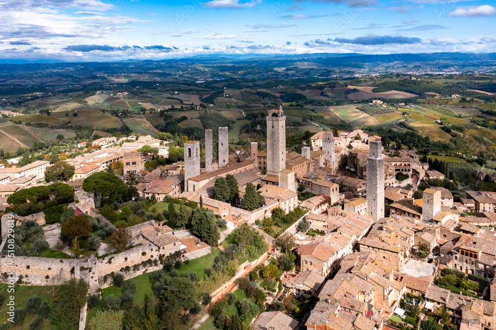 Aerial view, San Gimignano, UNESCO World Heritage Site, Siena, Tuscany, Italy,