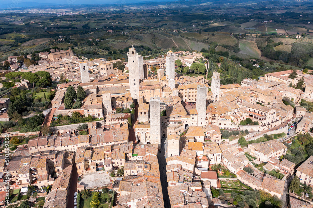 Aerial view, San Gimignano, UNESCO World Heritage Site, Siena, Tuscany, Italy,