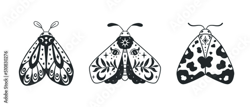 Mystical set of decorative moths. Black outline design. Vector with a slotted pattern. Use this celestial file to create magical prints, posters, stationery, apparel design and other surfaces.