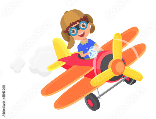 Cute little boy flying in airplane isolated cartoon vector illustration.