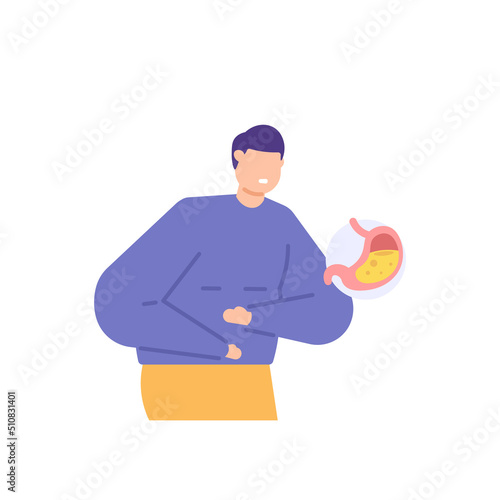 Gastritis, ulcers, gastric disease, inflammation of the stomach wall. gastroesophageal reflux disease or GERD. a man feels heat and pain in the stomach. digestive and health problems. flat cartoon