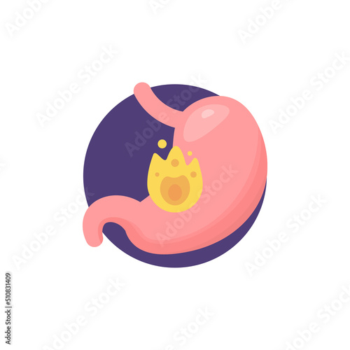icon Gastritis, ulcer, gastric disease, inflammation of the stomach wall. gastroesophageal reflux disease or GERD. fire symbol. digestive and health problems. flat cartoon illustration. concept design