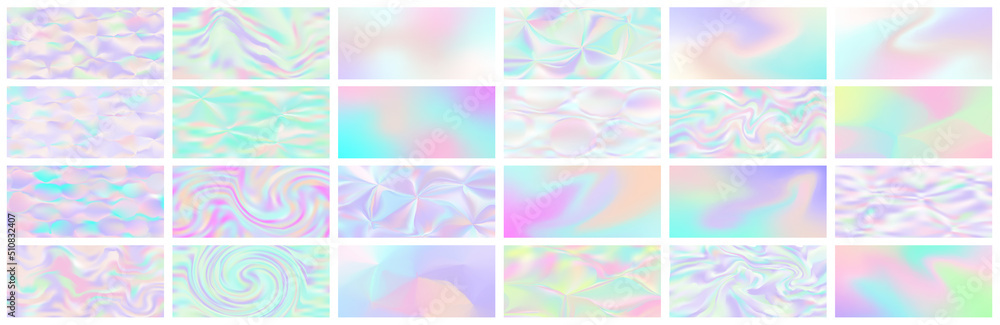 Set of holographic gradient background. Abstract retro furistic cover set. 90s, 80s style for brochure, banner, flyers. Pastel neon rainbow metallic texture. Iridescent foil or glitch. Vector