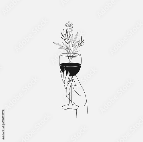 Poster or card with different woman hands gestures hold wineglass or drink with floral elements. Smell of wine like branches and blooming flowers. Vector concept