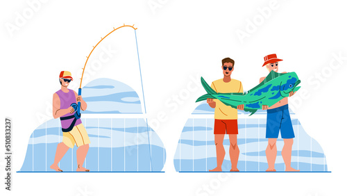sea boat fishing vector. deep ocean, big fish, saltwater sport, rod yacht, reel trolling sea boat fishing character. people flat cartoon illustration