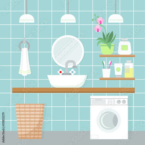 Vector illustration of a bathroom interior in pleasant light blue colors. Sink, mirror, flower, cosmetics, towel, laundry basket, washing machine © Nataliia